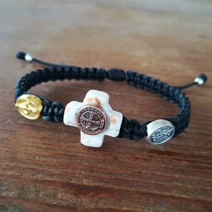 Stone Jewelry, Stone Cross Pendant, Saint Benedict Bracelet, Miraculous Medal St Michael Charm, Religious Gift For Men Women Kids