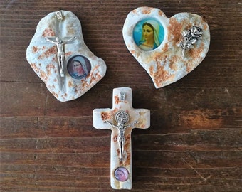 Fridge Magnet Set - Catholic Magnets, Medjugorje Stone Magnets, Virgin Mary, Cross Magnet, Heart Magnet, Christian Home Decor, Wedding Gifts