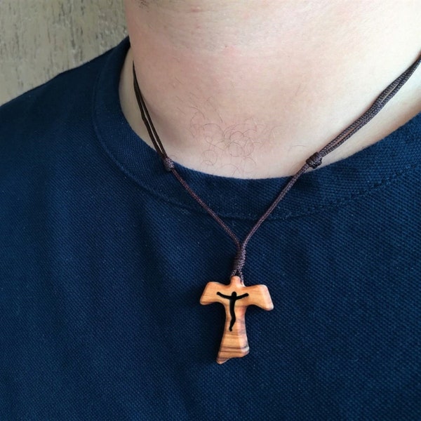 Olive Wood Tau Cross Necklace Wooden Catholic Gift for Men Women Kids St Anthony Cross Pendant Franciscan Tau Cross Adjustable Necklace