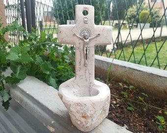 Handmade stone holy water font, table cross, Apparition Hill Medjugorje, holy water holder, wall cross, holy water container, baptism gift