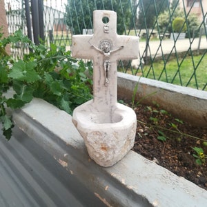Handmade stone holy water font, table cross, Apparition Hill Medjugorje, holy water holder, wall cross, holy water container, baptism gift