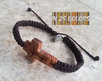 Olivenholz Kreuz Armband, katholisches Armband, verstellbare Kordel, christliches Armband, Erstkommunion Armband, Kreuz Schmuck, Jesus Armband