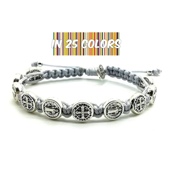 Bracelet De Breloques Catholiques pour Femmes et Hommes | Perles st-benoît d’argent sur cordon noué | San Benito Medalla Pulsera | Confirmation Bracelet