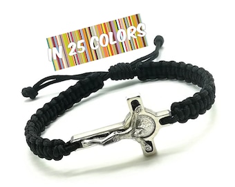 Schwarzes Kreuz Armband für Männer, Bräutigam Geschenk, Herren Armband mit Benedikt Kreuz, Geschenk für ihn, christliches katholisches Armband, Kreuz Schmuck