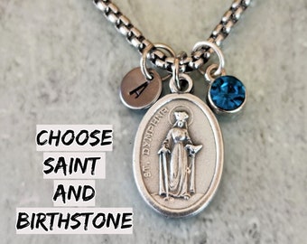 St Dymphna Necklace - Birthstone Charm - Reversible Saint Medals - Personalized Initial - Religious Gift for Men Women Kids - Adjustable