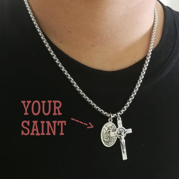 Catholic Cross Chain Necklace Reversible Saint Pendant Men Religious Jewelry Gift St Gerard Agatha Thomas Dymphna Rocco George Joan of Arc