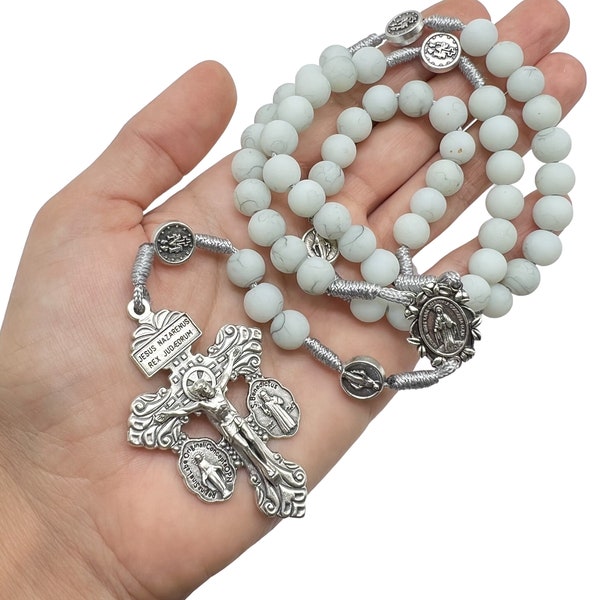 Pardon Crucifix White Rosary, Miraculous Medal St Benedict Charm Pendant Cross, Prayer Beads, Religious Gift, Catholic Jewelry Men Women