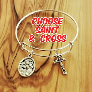 Religious Bangle Bracelet Catholic Saint Medal Girl Women Christian Jewelry Gift St Michael Benedict Peregrine Christopher Padre Pio Therese