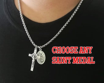 Religious Chain Cross Necklace Catholic Saint Medal Mens Womens Christian Necklace St Michael Benedict Peregrine Christopher Anthony Joseph