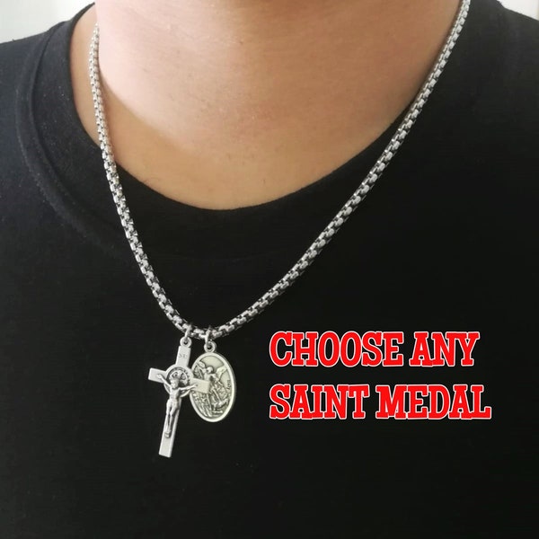 Religious Chain Cross Necklace Catholic Saint Medal Mens Womens Christian Necklace St Michael Benedict Peregrine Christopher Anthony Joseph