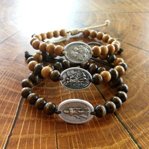 Wooden Beads Catholic Bracelet Patron Saint Medals Religious Gifts Women Men Kids Adjustable Cord Christian Jewelry Boho Bracelet