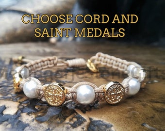 Catholic Pearl Bracelet, Catholic Gift for Women, Rosary Bracelet, Saint Medals, St Michael, St Anthony, St Benedict, Lady of Guadalupe