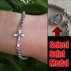 Chain Cross Bracelet with Catholic Saint Medal - Men Women Kids Religious Gift - Adjustable Size - Handmade Christian Jewelry - Medjugorje