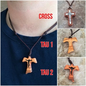 Olive Wood Tau Cross Necklace - Adjustable Cord Catholic Necklace Religious Men Women Kids Christian Jewelry Gift Medjugorje Handmade