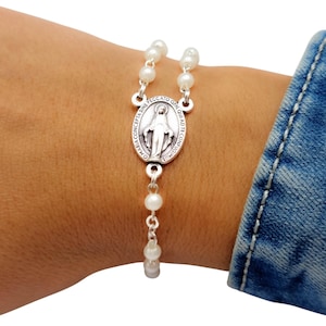 Catholic Bracelet For Women Girl Confirmation Gift Miraculous Medal Rosary White Bracelet