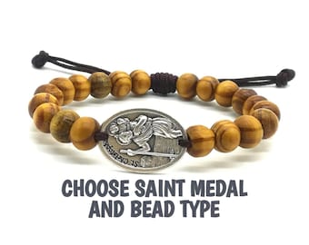St Christopher Bracelet Wooden Beads Catholic Medal Blessing Religious Jewelry Gift for Men Women Kids - Choose Your Saint