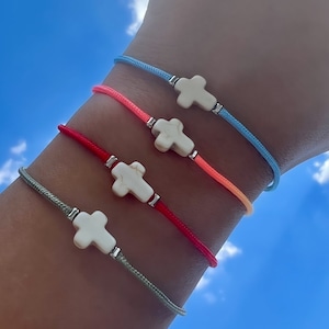 Coral Cross Catholic Medal Bracelet, White Cross Pendant, Minimalist Catholic Rope Jewelry, Simple Gift For Her Girls Women Religious