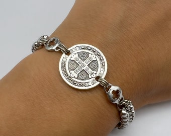 Bracciale a catena in acciaio inossidabile, ciondolo con ciondolo San Benito, medaglia di San Benedetto, regalo religioso per lui, i suoi bambini, ragazzi, ragazze, uomini e donne