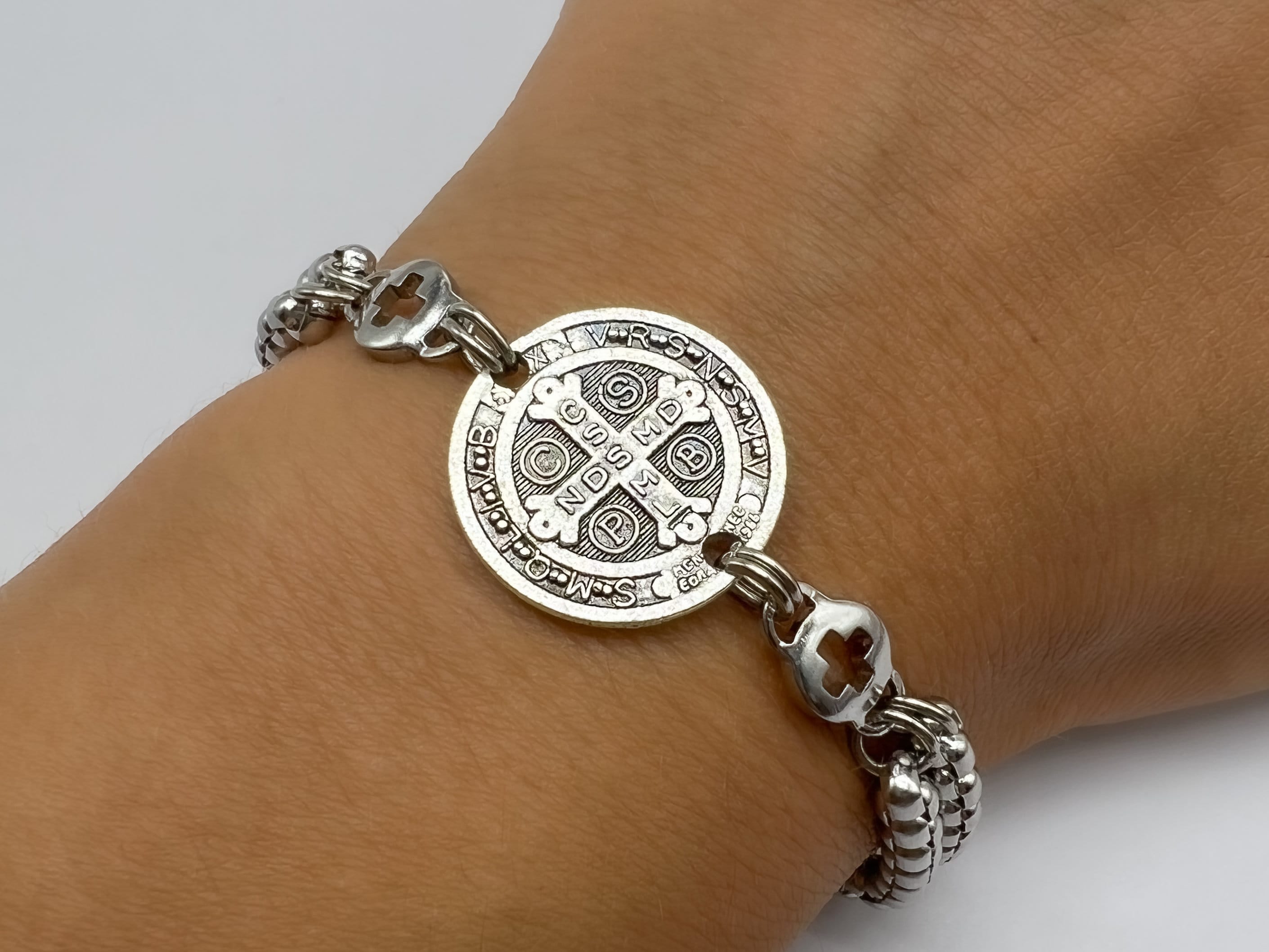 Stainless Steel Chain Bracelet San Benito Charm Pendant Medal St