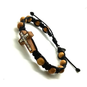 Olive Wood Cross Bracelet, Wooden Beads Rosary Bracelet, Jesus Bracelet, Adjustable Cord Bracelet, Cross Bracelet, Sideways Cross Charm image 2