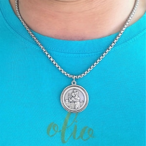 St Christopher necklace for men, Stainless steel chain, Saint Christopher pendant, Patron saint of travel, Religious necklace