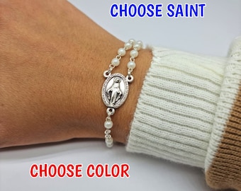 Handmade Miraculous medal rosary bracelet colorful beads, small saint rosary, men women kids Catholic rosary bracelet - MedjugorjeStoneGifts