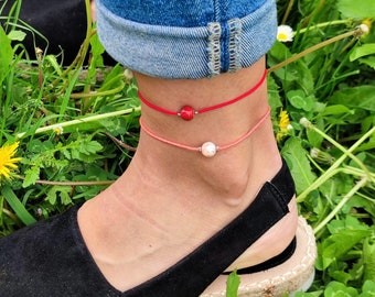 Ankle Bracelet, Cord Anklet With Pearl, Beach Anklet, Colorful Anklet, Womens Anklet Bracelets, Gift For Girls, Adjustable, Foot Jewelry