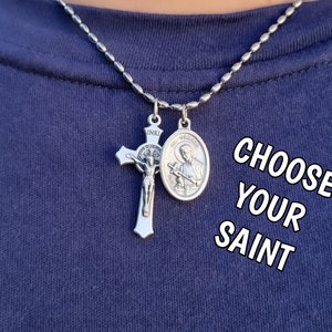 Catholic Chain Necklace, St Gerard Medal Necklace, CHOOSE YOUR SAINT Necklace, St Benedict Cross, St Rita Brigita Joan Of Arc Francis Paul