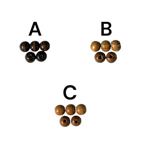 Puede incluir: Vista cenital de tres grupos de cuentas de madera etiquetadas A, B y C. El grupo A presenta cuentas de color marr&oacute;n oscuro, el grupo B cuentas rayadas de color marr&oacute;n claro y el grupo C cuentas de color marr&oacute;n claro.