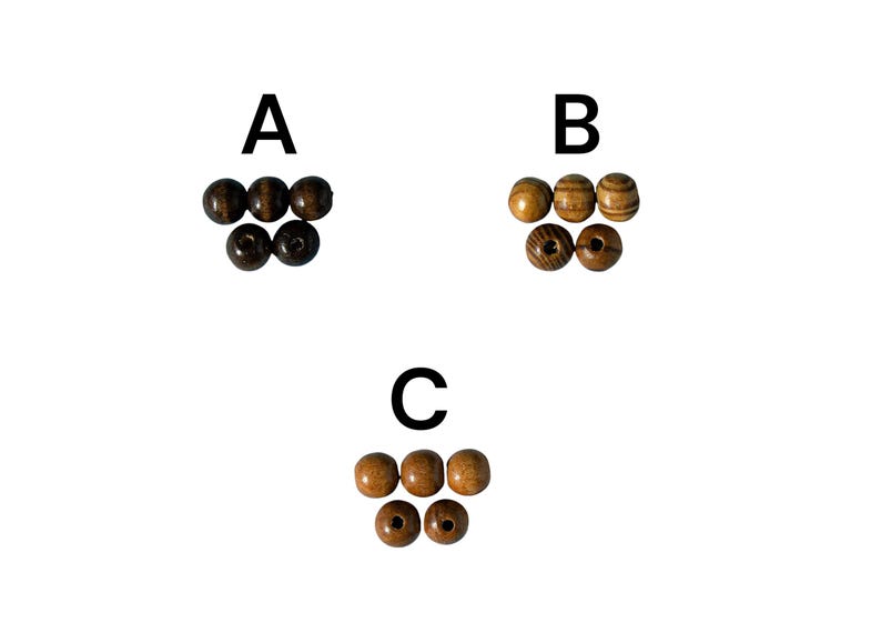 Puede incluir: Vista cenital de tres grupos de cuentas de madera etiquetadas A, B y C. El grupo A presenta cuentas de color marr&oacute;n oscuro, el grupo B cuentas rayadas de color marr&oacute;n claro y el grupo C cuentas de color marr&oacute;n claro.