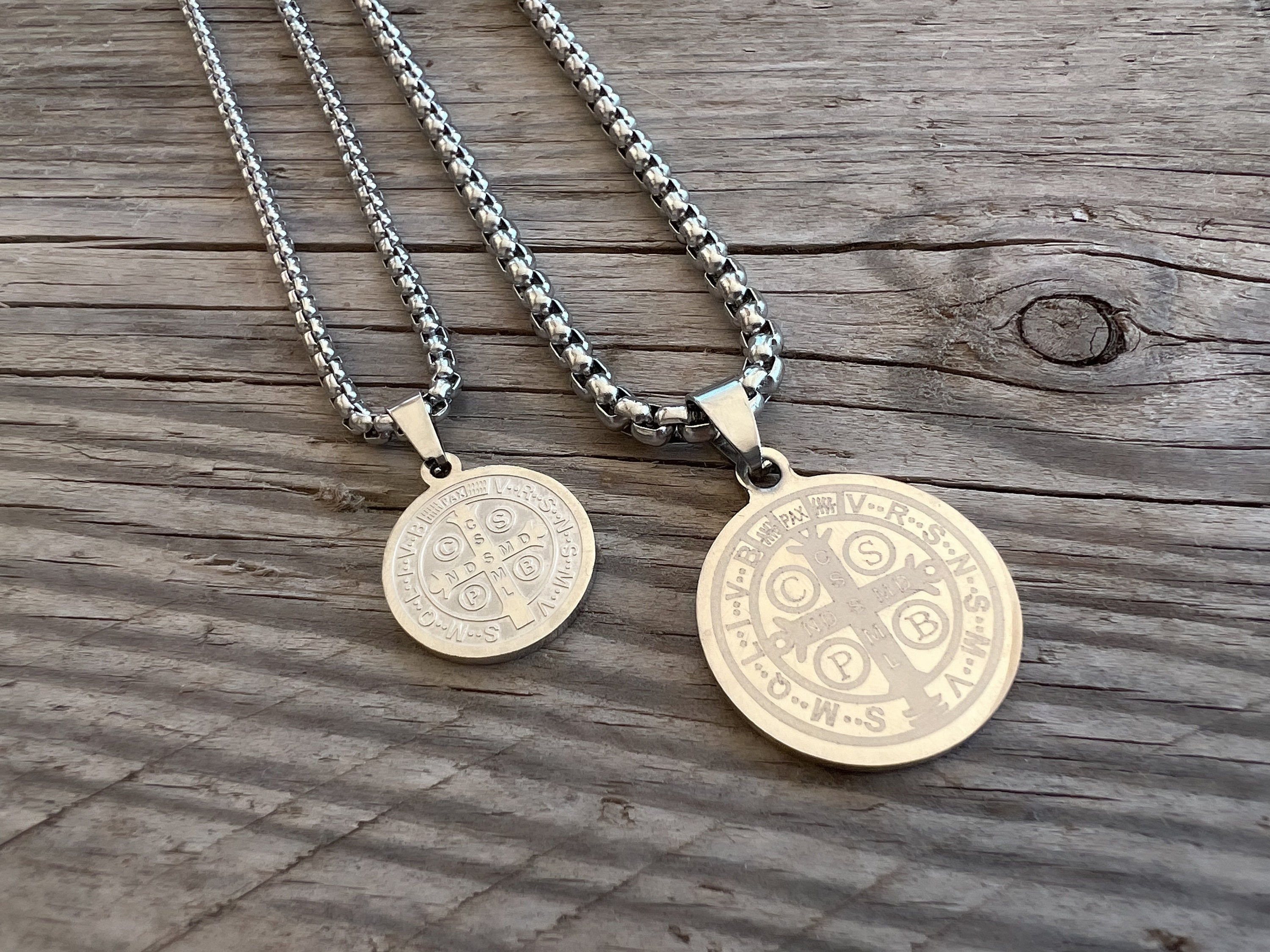 Saint Benedict Medallion Stainless Steel Catholic Necklaces 16-18 / Thicker Chain and Larger Medal