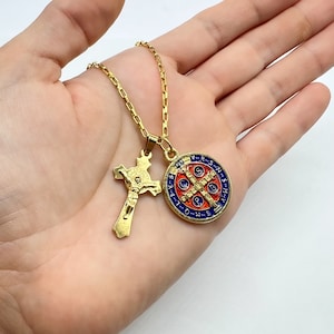 Religiöser Schmuck Männer Frauen, katholische Kreuz Halskette Benedikt Emaille Medaille, Gold Gold Ton Halskette, katholische Schmuck Konfirmation