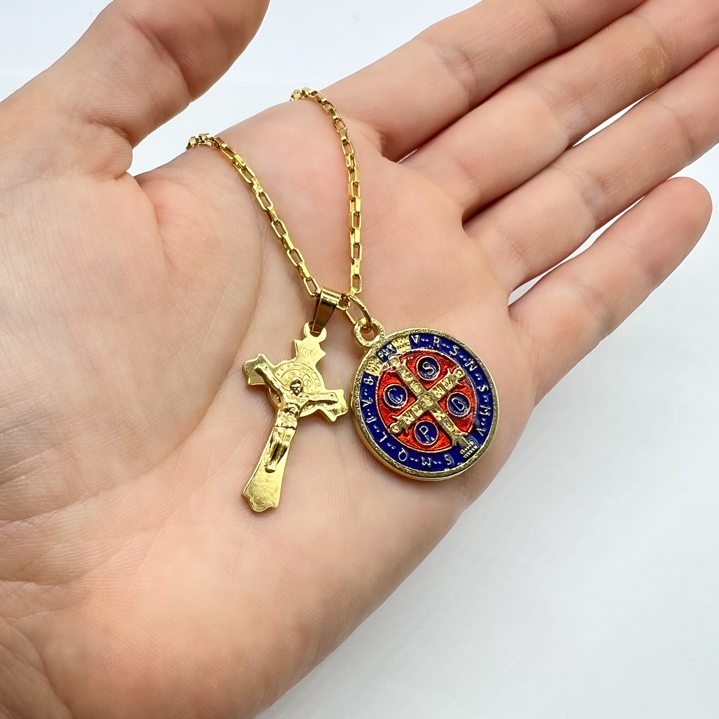 Gold Tone Cross Necklace, St Benedict Enamel Medal, Catholic
