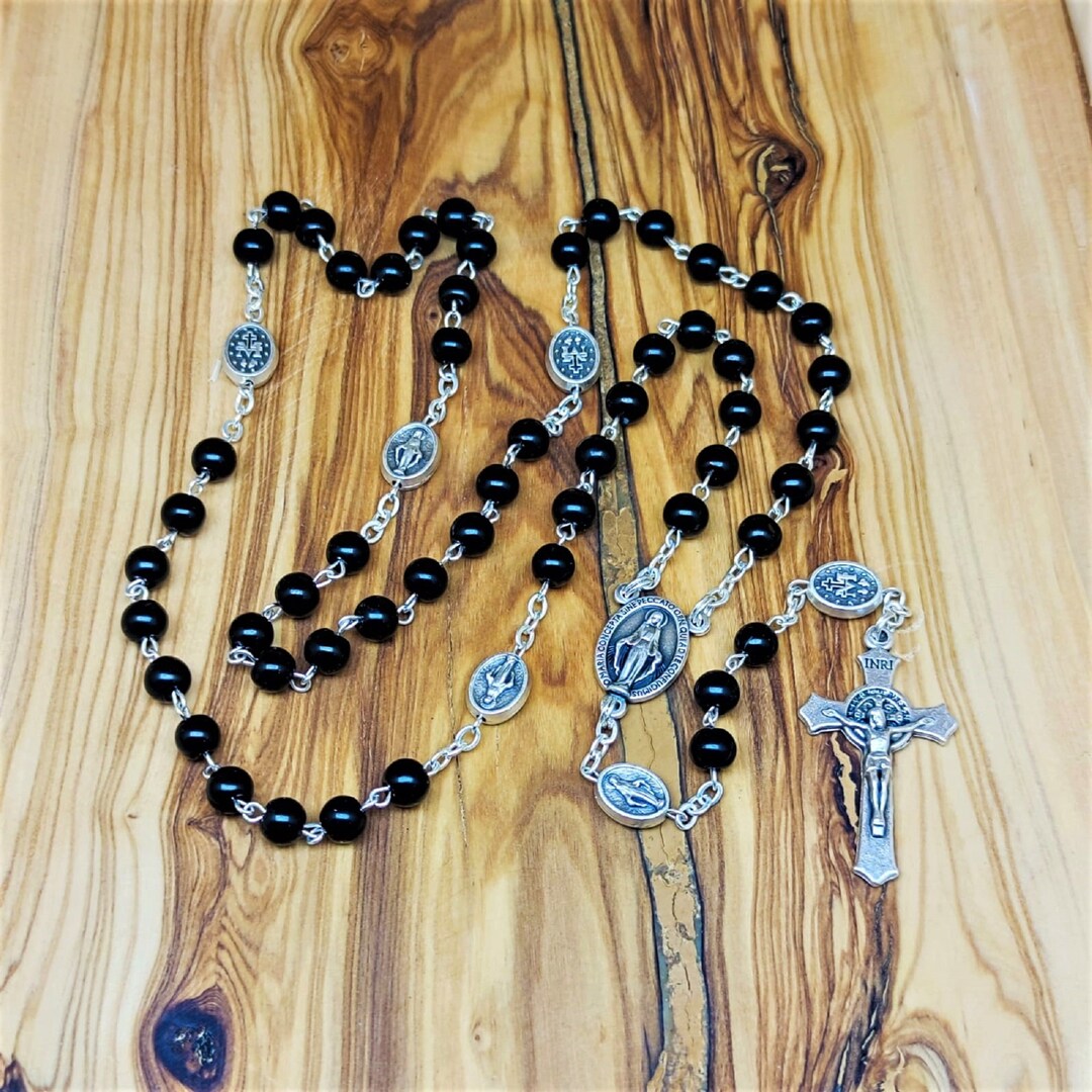 Black Beads Miraculous Medal Rosary, 5 Decade Rosary, Inexpensive Gifts