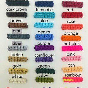 May include: Color samples of various shades of cord, including black, navy blue, merlot, dark brown, turquoise, red, brown, blue, rose, gray, denim, orange, silver, purple, hot pink, beige, cornflower, pink, gold, green, tan, white, olive, and rainbow. The text "COLOR SAMPLES" is at the bottom of the image.