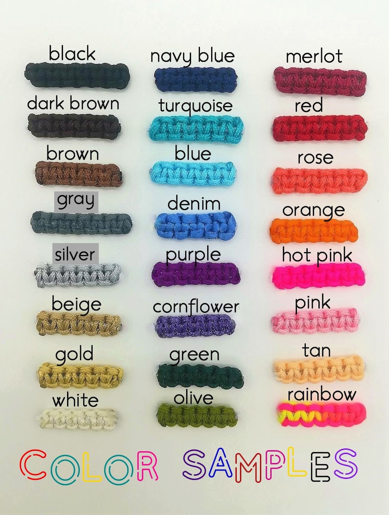 May include: Color samples of various shades of cord, including black, navy blue, merlot, dark brown, turquoise, red, brown, blue, rose, gray, denim, orange, silver, purple, hot pink, beige, cornflower, pink, gold, green, tan, white, olive, and rainbow. The text "COLOR SAMPLES" is at the bottom of the image.