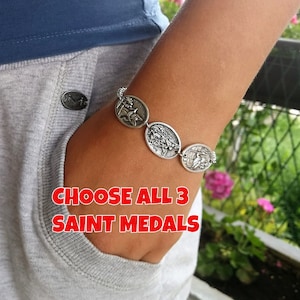 Pulsera de Cadena Católica - 3 Medallas patronales - Tamaño ajustable - San Miguel Jude Peter Therese Sebastian San Benito Padre Pio Christopher