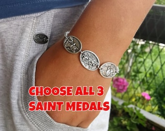 Catholic Chain Bracelet - 3 Patron Saint Medals - Adjustable Size - St Michael Jude Peter Therese Sebastian San Benito Padre Pio Christopher