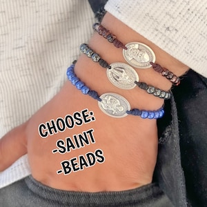 Religious Beaded Bracelet For Men Women Catholic Jewelry Colorful Bracelet With Saint Charm, St Michael Charbel Ann Peter Paul Dymphna