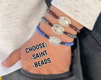 Religious Beaded Bracelet For Men Women Catholic Jewelry Colorful Bracelet With Saint Charm, St Michael Charbel Ann Peter Paul Dymphna