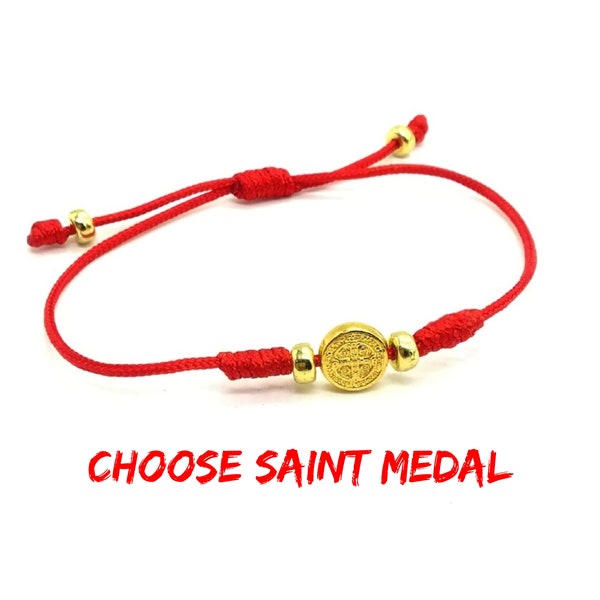 Red Bracelet, Simple String Bracelet, Catholic Saint Medal, Adjustable Cord, Religious Gift For Men Women Kids, Christian Protection Jewelry