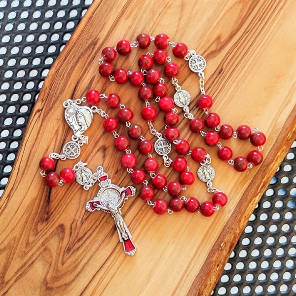 Murano glass rosary, catholic rosary for women, red rosary, st benedict rosary, mothers rosary, Medjugorje handmade, catholic gift for woman