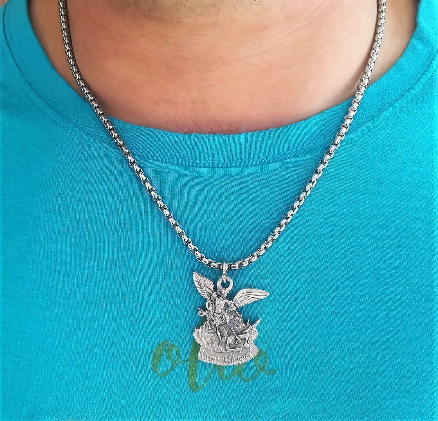 St Michael Necklace Mens Catholic Necklace Religious Etsy