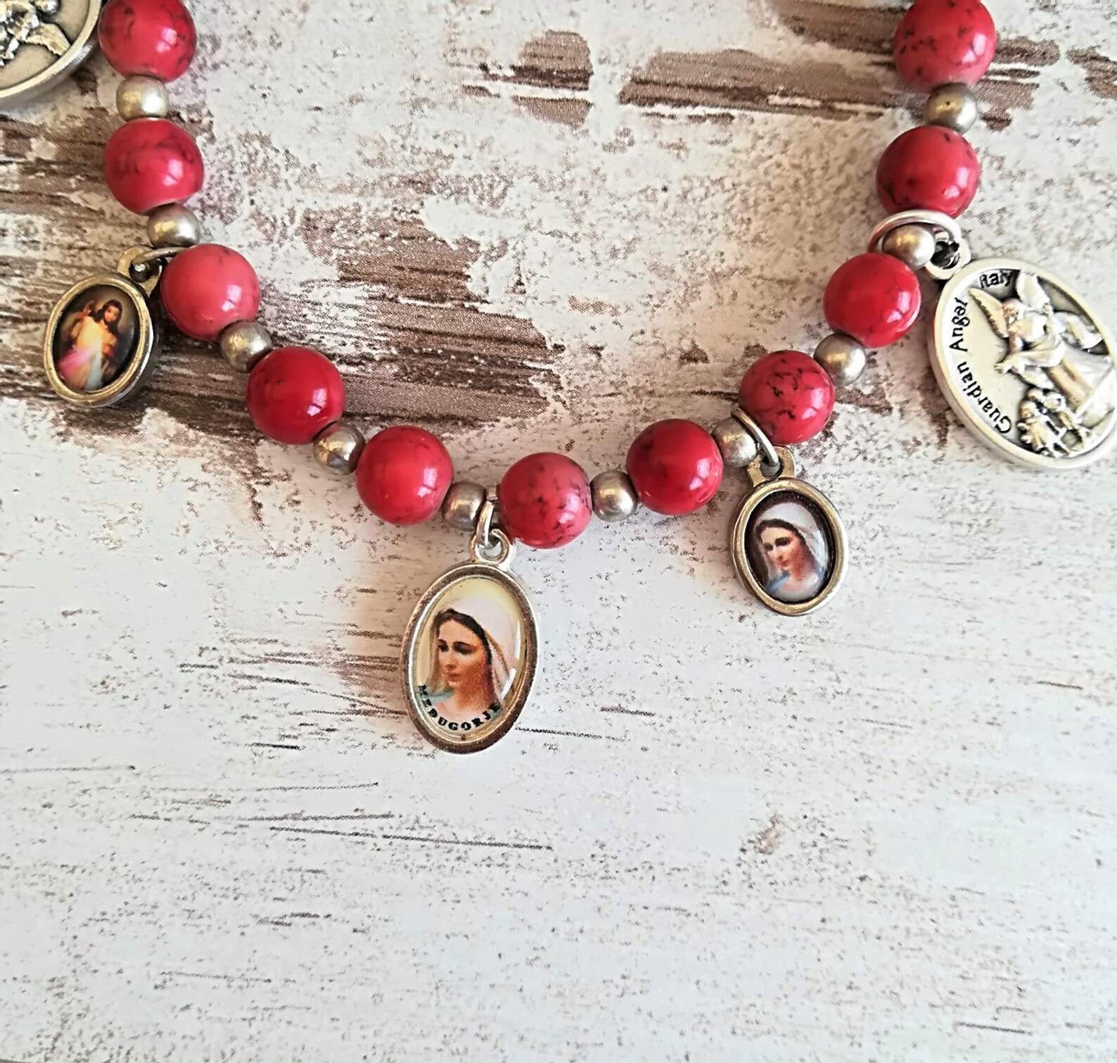 Red Beaded Catholic Charms Bracelet saint bracelet Religious Etsy