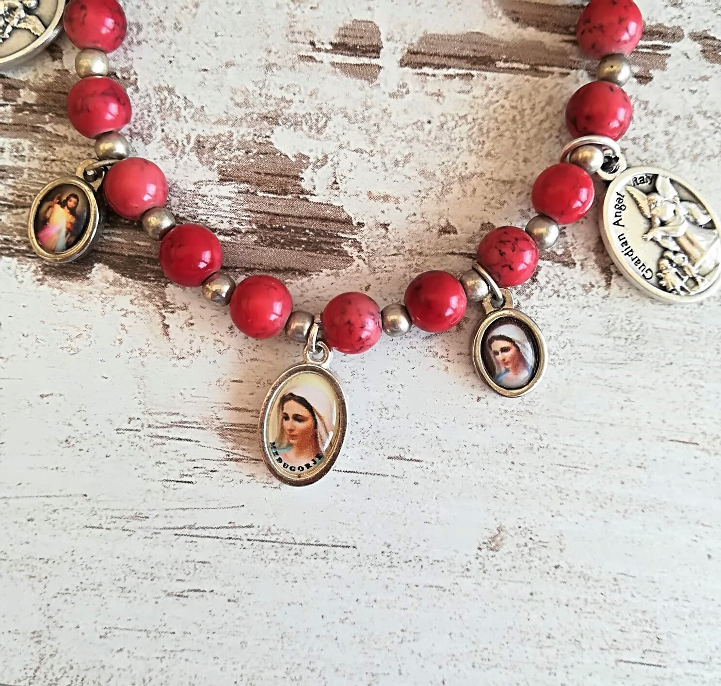 Red Beaded Catholic Charms Bracelet saint bracelet Religious Etsy