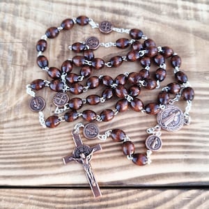 Wooden Beads St Benedict Rosary, Catholic Rosary, San Benito Rosario, Saint Benedict Rosary, Gift For Her, Catholic Jewelry, Bronze Rosary