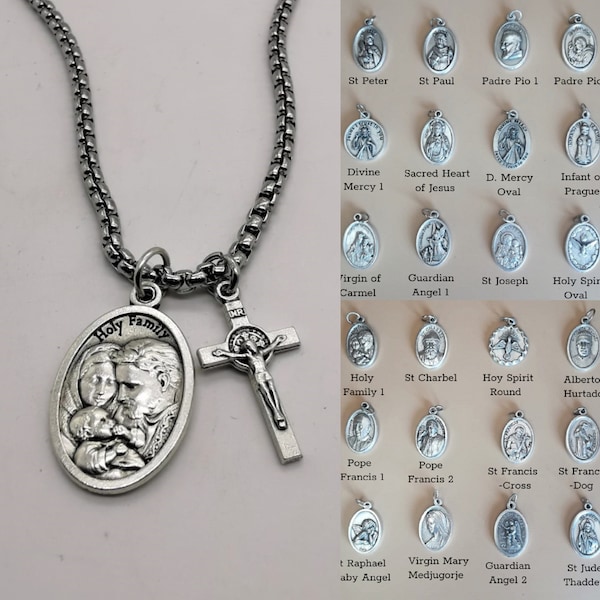 Saint necklace, Catholic chain necklace, Holy Family, Patron saint medal, Cross necklace, St Francis, St Anthony, Padre Pio, Catholic charm