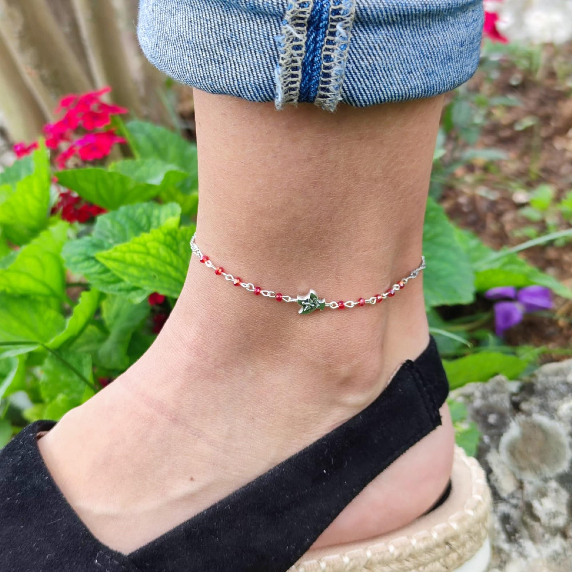 Rosary Anklet With Colorful Beads and Catholic Saint Charm, Religious Anklet For Adults or Kids, Adjustable Clasp, Custom Ankle Bracelet