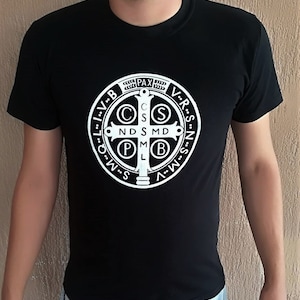 Christian t shirt, St Benedict catholic shirt, black / white tshirt, catholic gift, saint benedict medal, evil protection, san benito medal