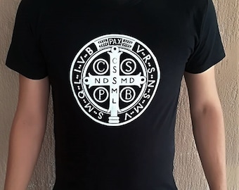 Christian t shirt, St Benedict catholic shirt, black / white tshirt, catholic gift, saint benedict medal, evil protection, san benito medal